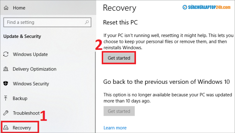 Chọn Recovery rồi chọn Get Started ở mục Reset this PC