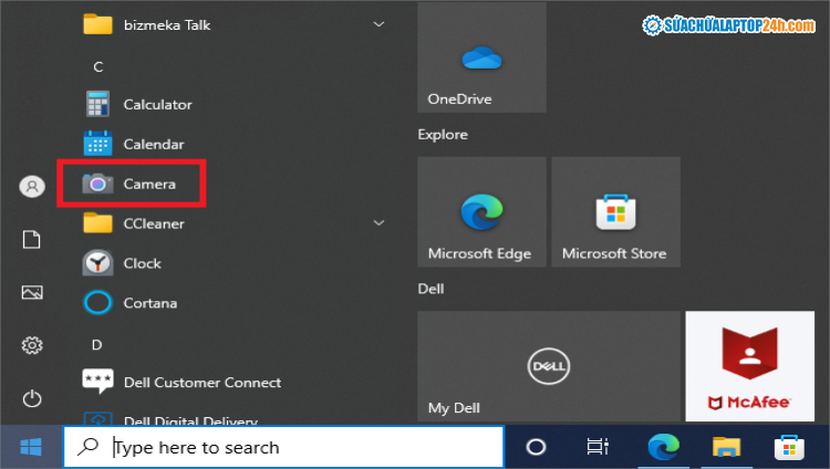 Vào Menu Start mở ứng dụng Camera