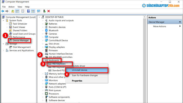 Chọn theo thứ tự như hình để gỡ cài đặt