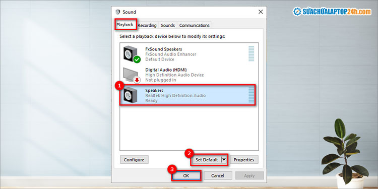 Chọn thứ tự như hình để cài đặt lại thiết bị âm thanh mặc định