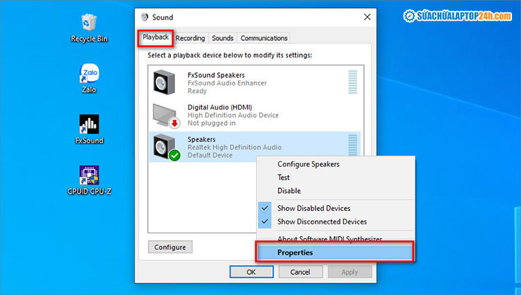 Kích chuột phải tại thiết bị loa mặc định có dấu tích xanh