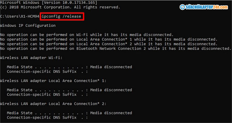 Nhập lệnh ipconfig /release như hình
