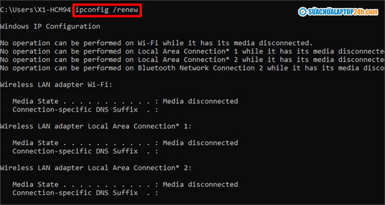 Nhập lệnh ipconfig /renew để nhận IP mới