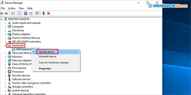 Chọn Update để sửa lỗi bàn phím laptop bị liệt do driver