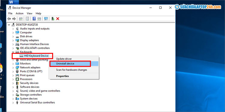 Chọn Uninstall để vô hiệu hóa tạm thời bàn phím laptop