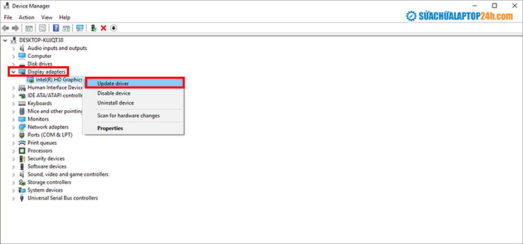 Cập nhật Driver như hình để sửa màn hình laptop bị sọc do phần mềm