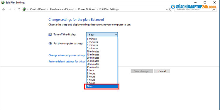 Cài đặt Never để màn hình không tắt