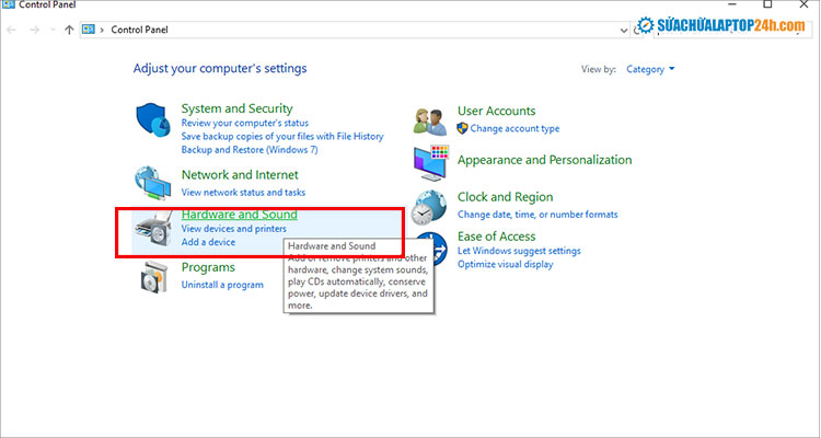 Chọn Hardware and Sound để truy cập cài đặt phần cứng