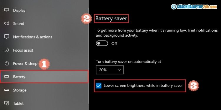 Bỏ tích dòng Lower screen brightness while in battery saver