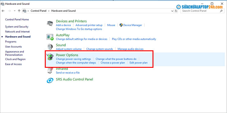 Truy cập cài đặt năng lượng trong Power Options