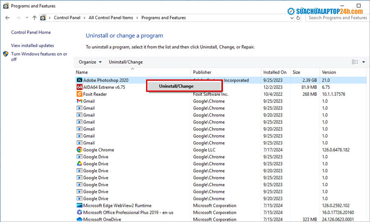 Kéo chuột để tìm ứng dụng cần xóa như hình