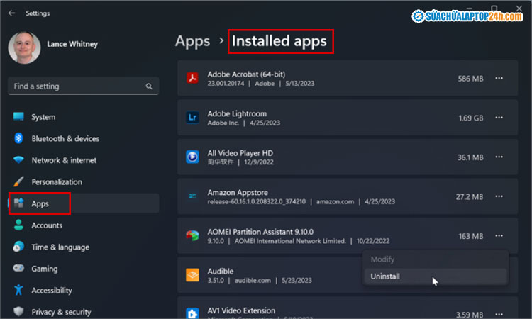 Thực hiện như hình để gỡ ứng dụng trên máy tính Win 11