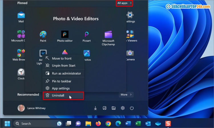 Thực hiện như hình để xóa ứng dụng từ menu Start trên Win 11