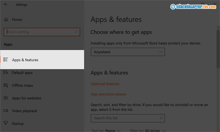Chọn Apps & features