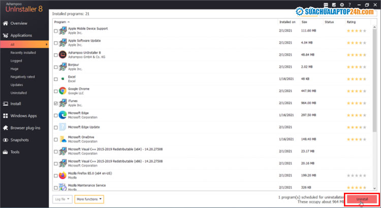 Chọn Uninstall như hình
