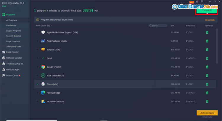 Chọn Uninstall tại vị trí như hình để xóa ứng dụng bằng IObit Uninstaller