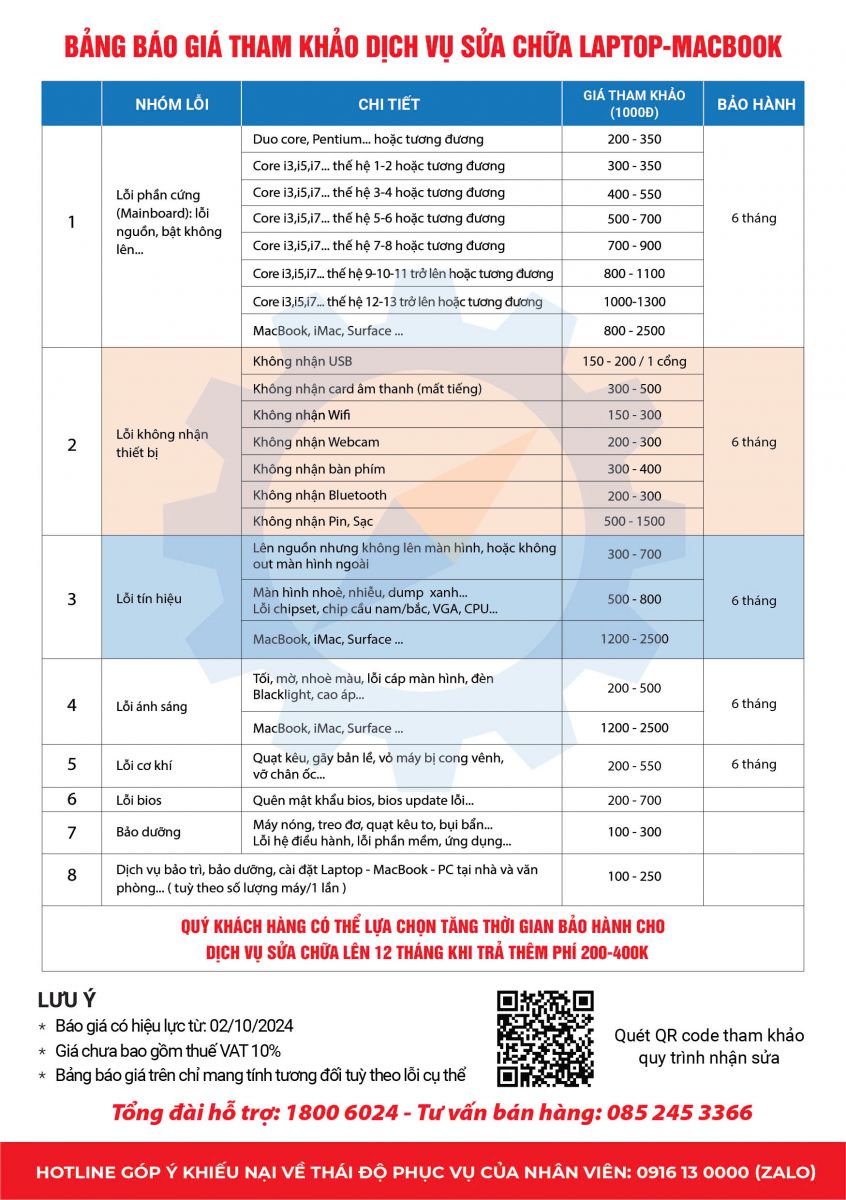 báo giá và bảo hành dịch vụ sửa laptop