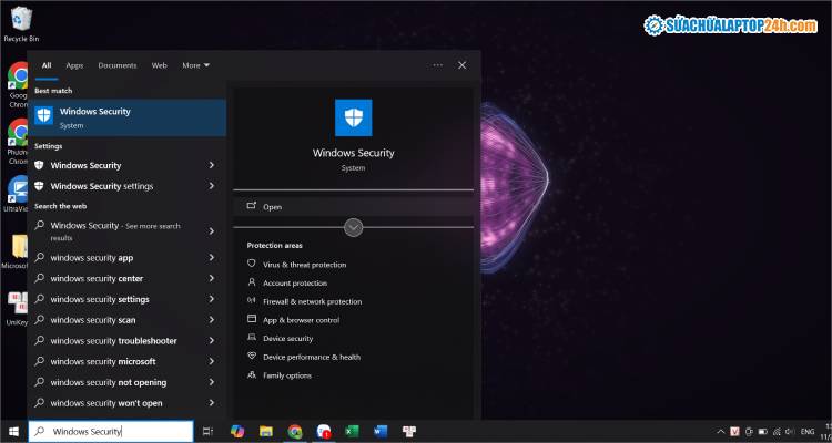 Nhập tìm kiếm Windows Security