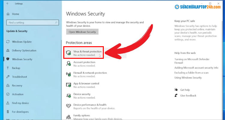 Click chọn biểu tượng Virus & Threat protection như hình