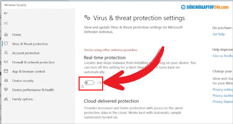 Chuyển trạng thái mục Real-time protection sang OFF