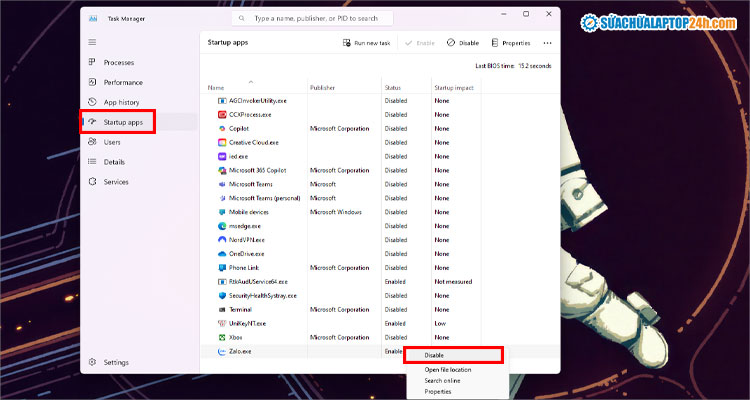 Nhấn Disable để tắt chương trình khởi động cùng laptop
