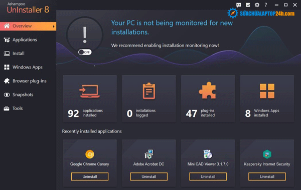 Giao diện phần mềm gỡ bỏ ứng dụng Ashampoo Uninstaller